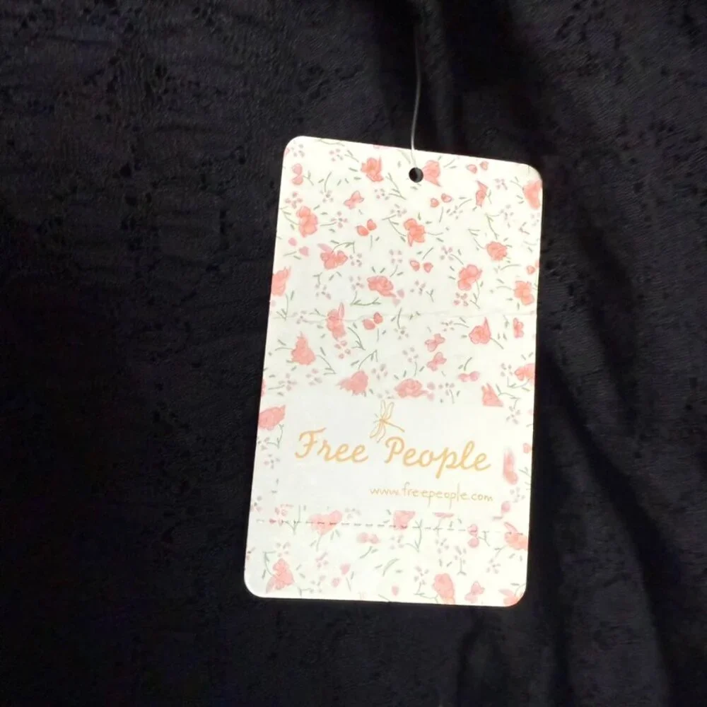 Free People Tea Time Blouse Women M Black Lace Open Back Puffed Sleeves Boho NWT